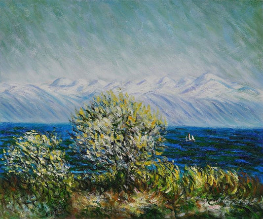 View Of The Bay At Antibes And Maritime Alps by Claude Oscar Monet