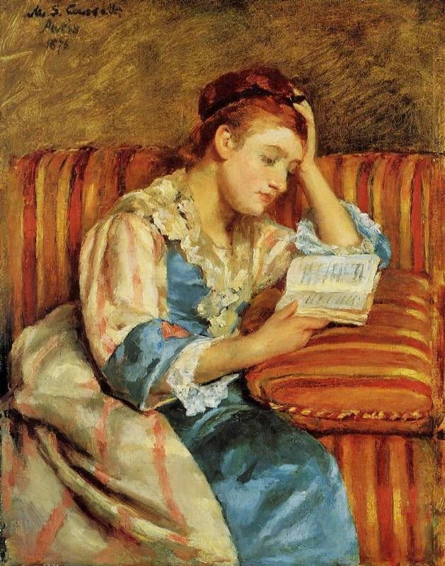 MRS. DUFFEE SEATED ON A STRIPED SOFA, READING