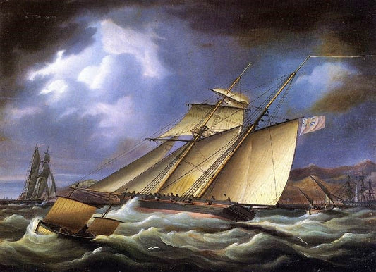 An Armed Topsail Schooner In Stormy Weather by James E. Buttersworth