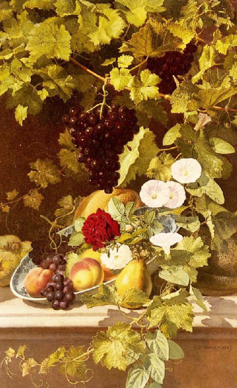 A Still Life With Fruit Flowers And A Vine by Otto Didrik Ottesen