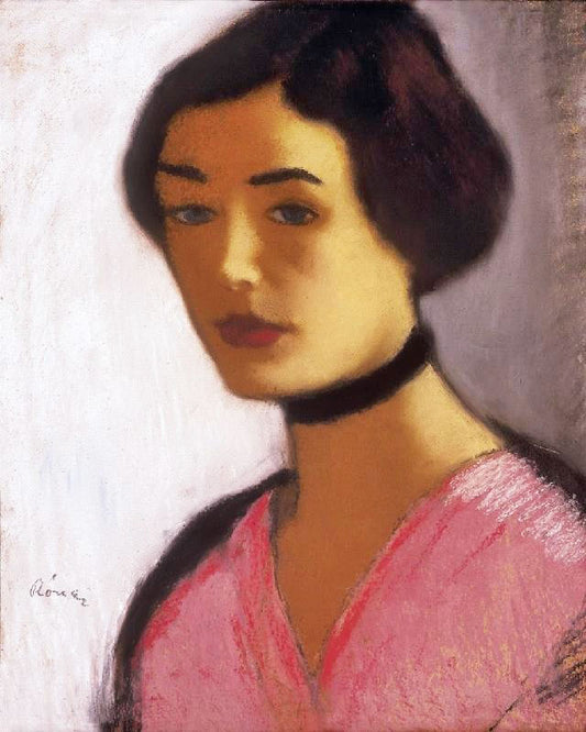 Woman In Pink Dress And Black Collar by József Rippl-Rónai