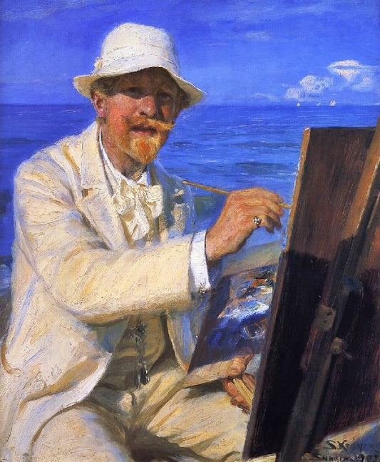 Self-Portrait, Sitting By His Easel At Skagen Beach by Peder Severin Kroyer