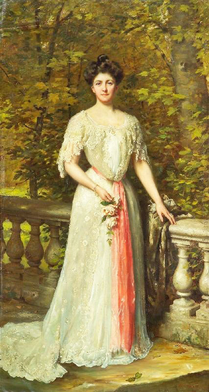 A Portrait Of A Lady In A White Dress With A Pink Sash By A Balustrade by Thomas Benjamin Kennington