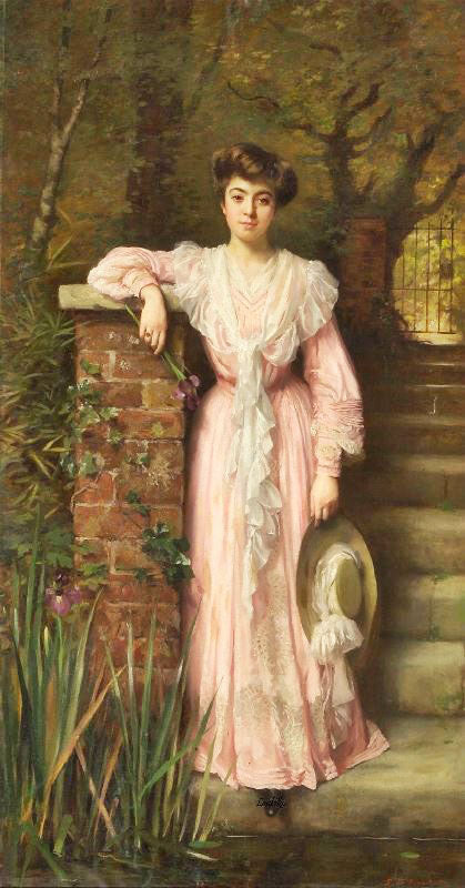 A Portrait Of A Lady In A Garden Wearing A Pink Dress Holding An Iris by Thomas Benjamin Kennington