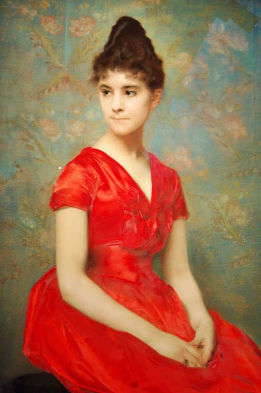 Jeune Fille En Robe Rouge Sur Fond De Fleurs by Émile Lév
