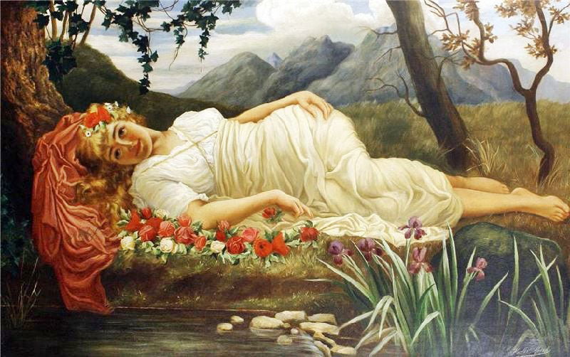 Portrait Of A Classical Beauty On A Bed Of Roses Before A Pond by Herbert Blande Sparks