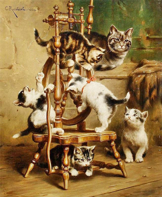Kittens Playing On A Spinning Wheel by Carl Reichert