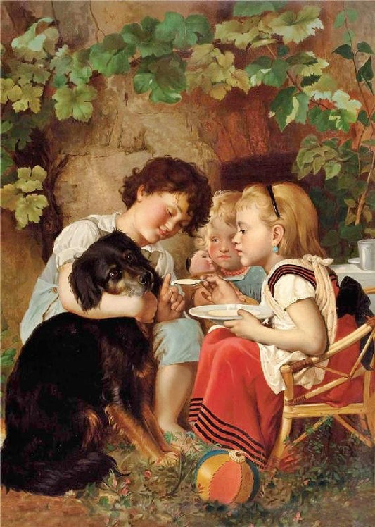 Three Children Feeding Dog by Carl Reichert