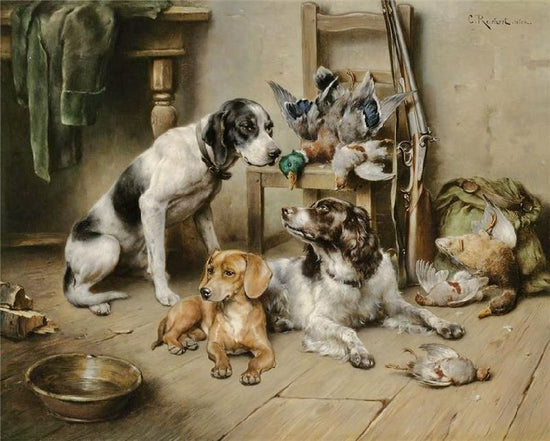 An English Pointer, A Dachshund And An English Springer Spaniel After The Hunt by Carl Reichert