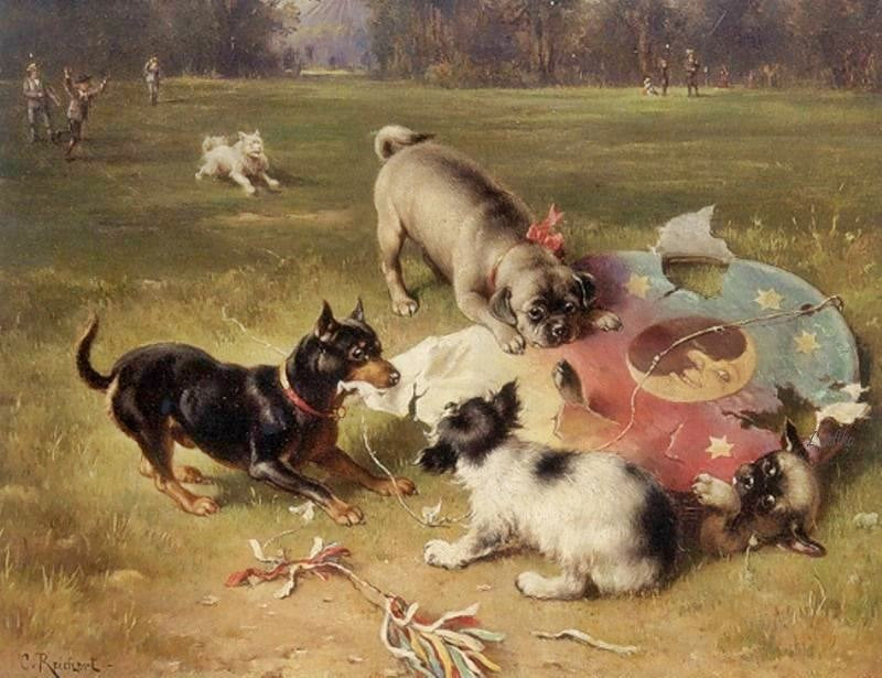 Fighting With The Kite, Manchester Terrier, Pug And King Charles Spaniel by Carl Reichert
