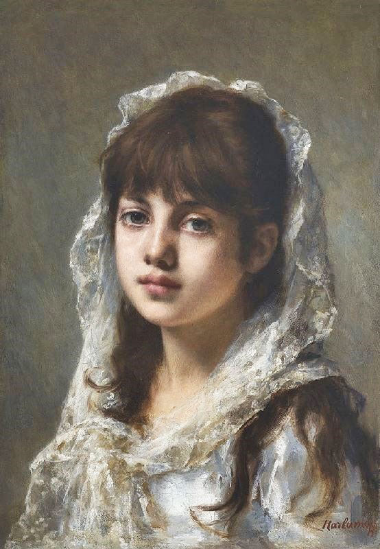 Portrait Of A Young Girl Wearing A White Veil by Alexei Harlamoff