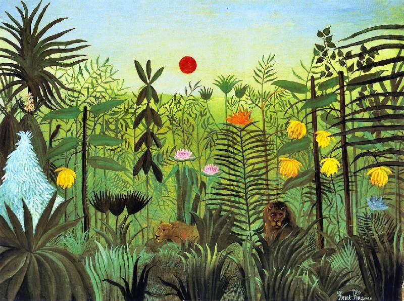 Exotic Landscape With Lion And Lioness In Africa by Henri Rousseau