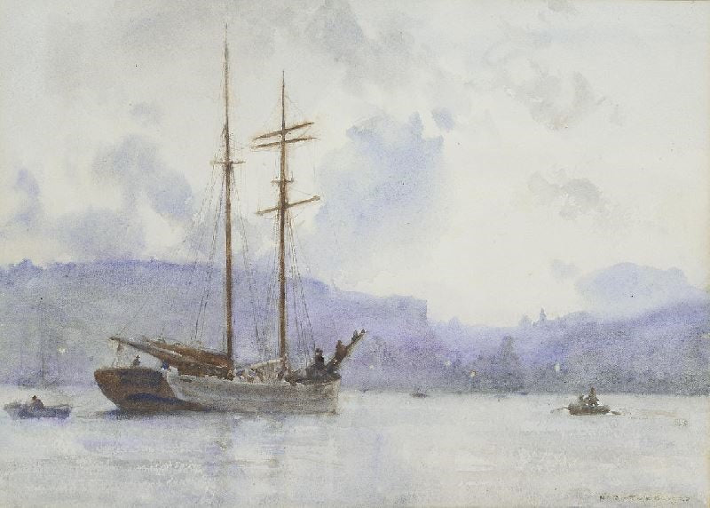 A TOPSAIL SCHOONER OFF A PORT AT DUSK