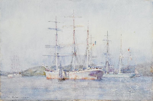 Two French Barques At Their Anchorage In Carrick Roads by Henry Scott Tuke