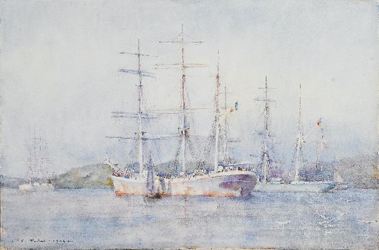 Two French Barques At Their Anchorage In Carrick Roads by Henry Scott Tuke