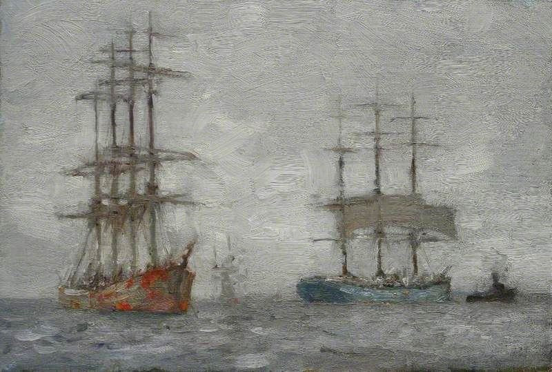 Sailing Ships And A Tug by Henry Scott Tuke