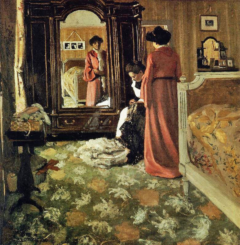INTERIOR, BEDROOM WITH TWO FIGURES