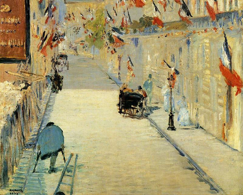 RUE MOSNIER DECORATED WITH FLAGS, WITH A MAN ON CRUTCHES