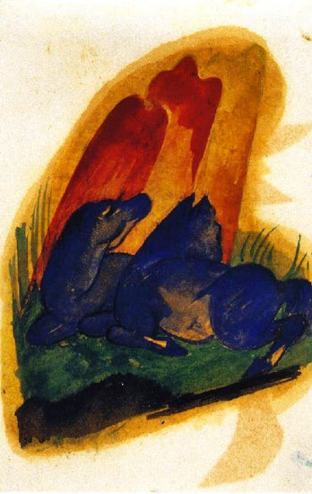 Two Blue Horses In Front Of A Red Rock by Franz Marc