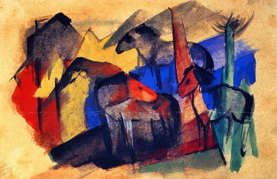 Three Horses In Landscape With Houses by Franz Marc