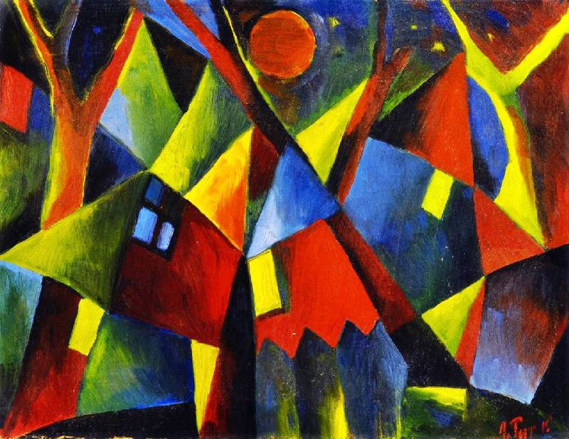 Yellow Moon Over Tumbling Houses by Arnold Topp