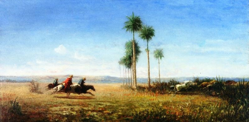 Three Riders And Horses Galloping On A Plain, Venezuela by Camille Pissarro