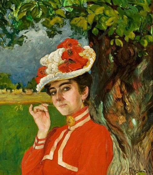 Woman In Red Dress And Hat by Thorolf Holmboe