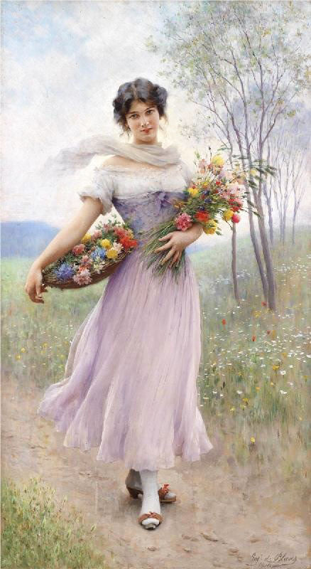 Girl In A Lilac-Coloured Dress With Bouquet Of Flowers by Eugene de Blaas