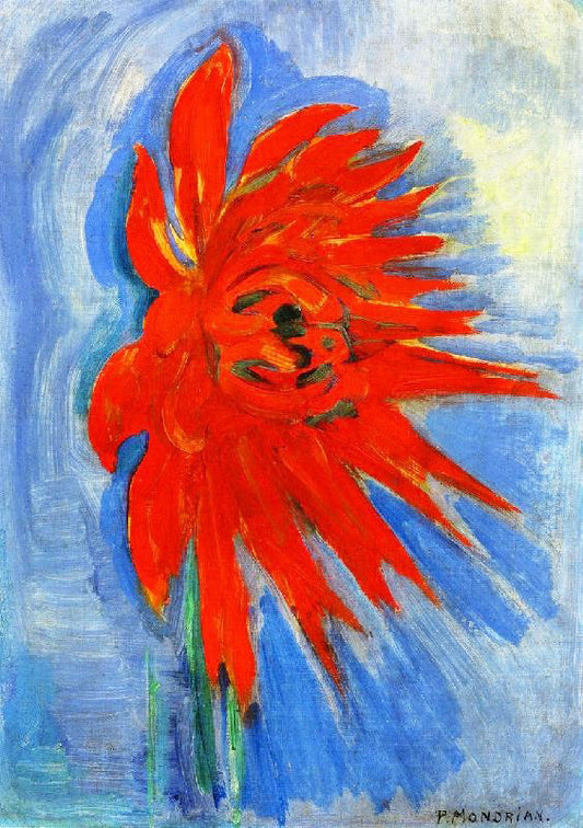 Red Chrysanthemum On Blue Background by Piet Mondrian
