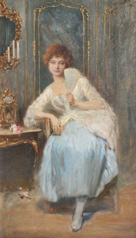 Portrait Of A Young Girl Seated In Interior With Fan by Eugene de Blaas