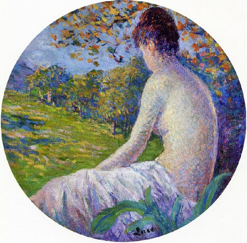 Seated Woman With A Red Screen In The Background by Maximilien Luce