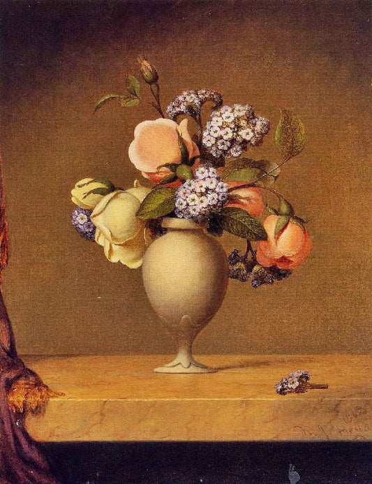 Roses And Heliotrope In A Vase On A Marble Tabletop by Martin Johnson Heade