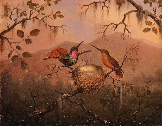 Two Hummingbirds At A Nest by Martin Johnson Heade