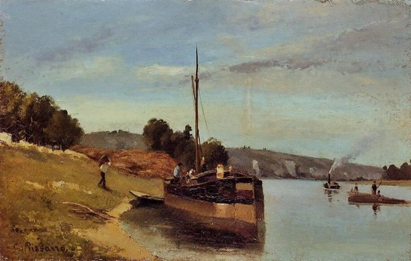 Barges At La Roche Guyon by Camille Pissarro
