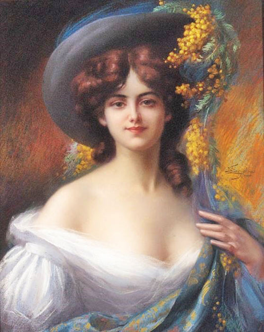 A Young Beauty In A Hat Decorated With Yellow Flowers by Delphin Enjolras