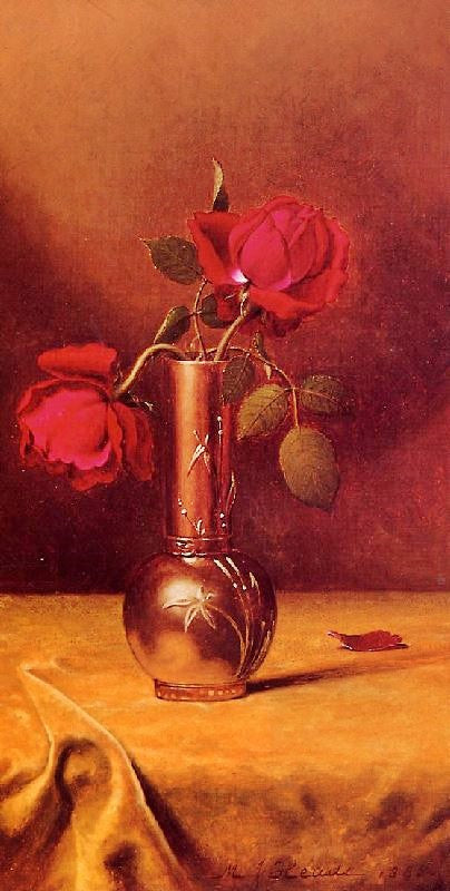 Two Red Roses In A Bronze Vase by Martin Johnson Heade