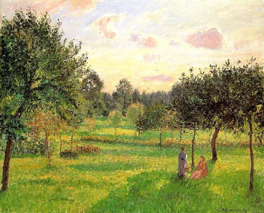 Two Women In A Meadow: Sunset At Eragny by Camille Pissarro