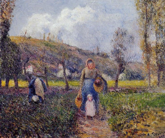 Peasant Woman And Child Harvesting The Fields, Pontoise by Camille Pissarro