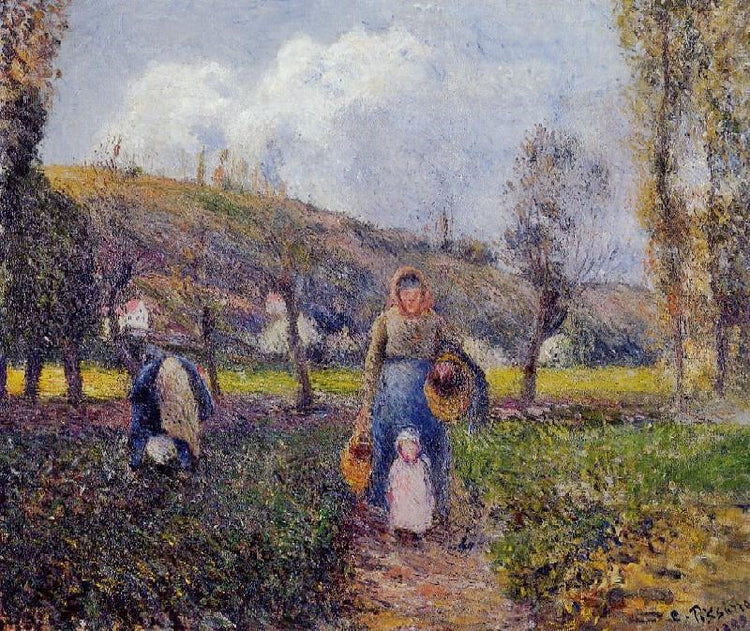 Peasant Woman And Child Harvesting The Fields, Pontoise by Camille Pissarro