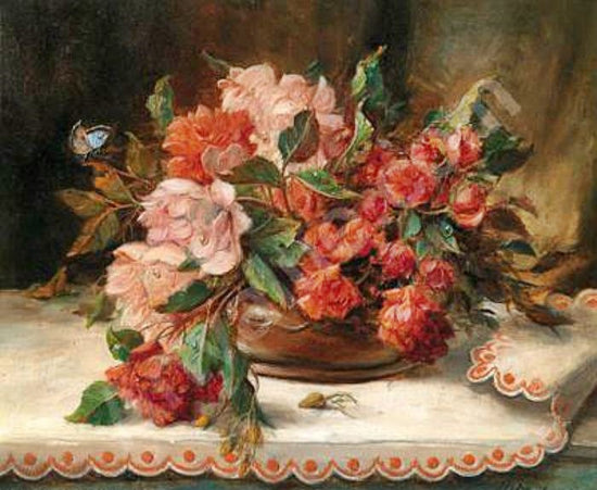 Bouquet Of Roses In A Copper Shell by Hans Zatzka