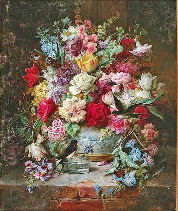Still Life With Morning Glories, Bluebirds And Bumblebees by Hans Zatzka