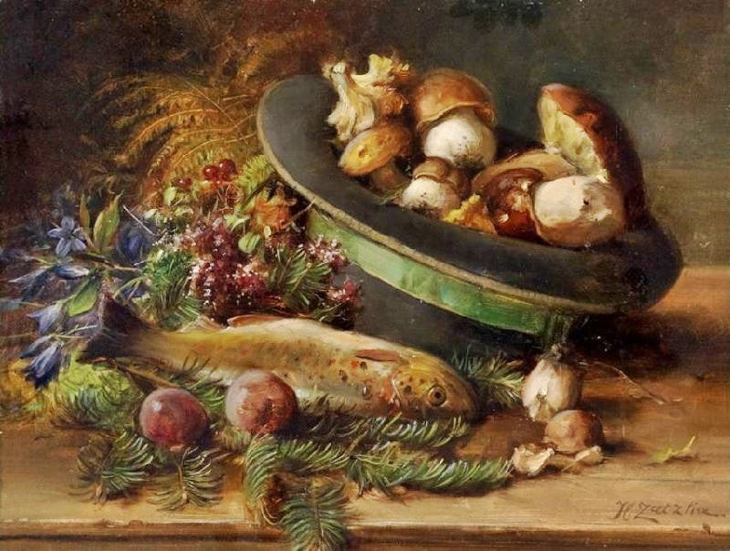 STILL LIFE WITH MUSHROOMS AND FISH