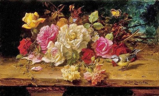Still Life With Flowers, Bird And Butterfly by Hans Zatzka