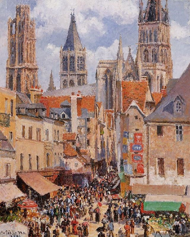 The Old Market And The Rue De L’Epicerie In Rouen by Camille Pissarro