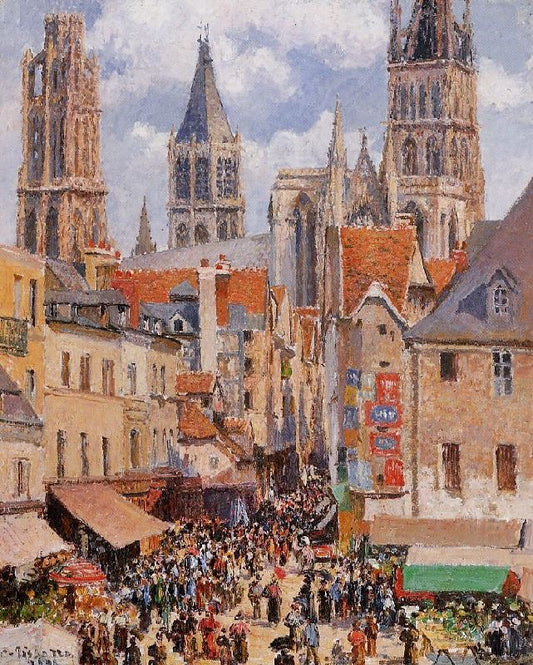 The Old Market And The Rue De L’Epicerie In Rouen by Camille Pissarro
