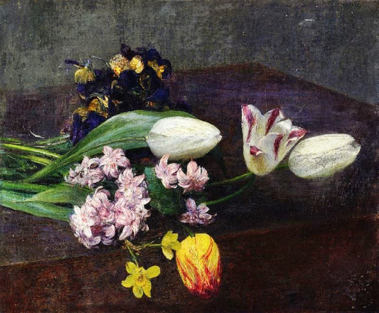 Hyacinth, Tulips And Pansies On A Table by Henri Fantin-Latour