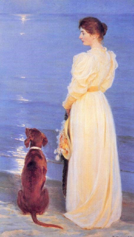 Summer Evening At Skagen. The Artist’S Wife And Dog By The Shore by Peder Severin Kroyer
