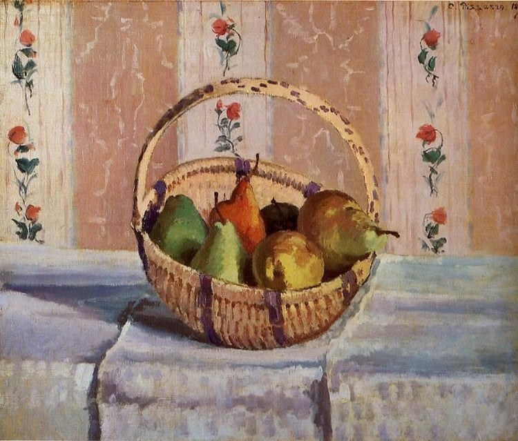 Still Life, Apples And Pears In A Round Basket by Camille Pissarro