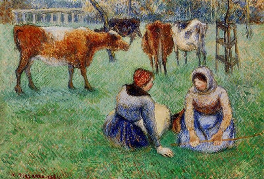 Seated Peasants Watching Cows by Camille Pissarro