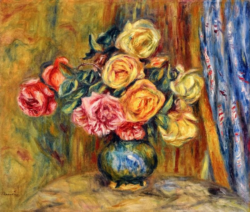 Roses With Blue Curtain by Pierre Auguste Renoir